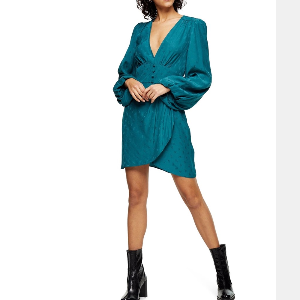 Topshop - size 2 - green teal Floral Jacquard Long Sleeve Dress